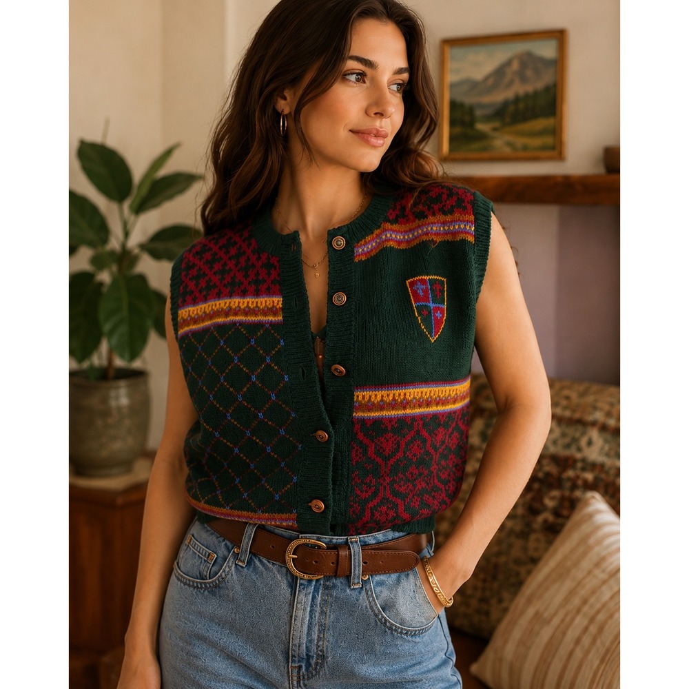 Susan Bristol Vintage 1989 Wool Sweater Vest Green Fair Isle Crest Oklahoma L